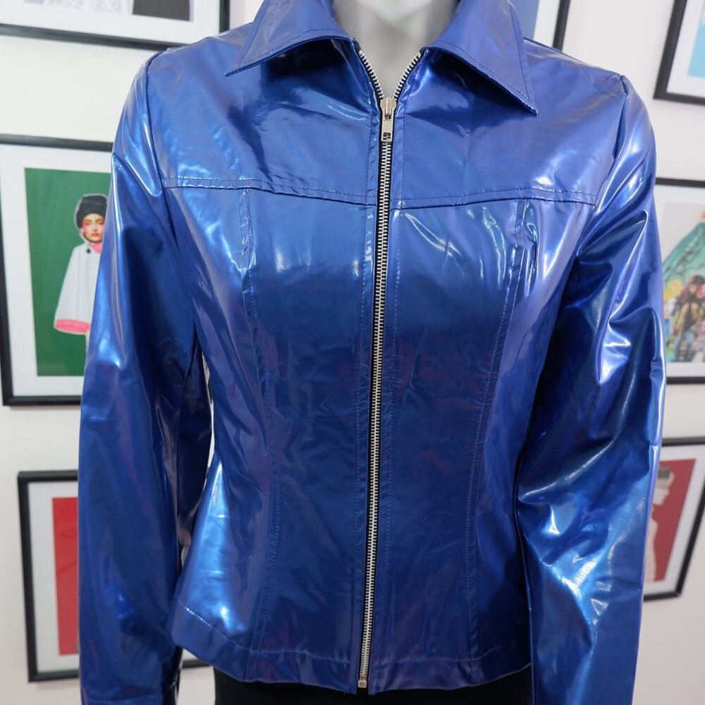 1990s Y2K Vinyl Look Shiny Slick Blue Polyurethane Jacket S Club - Picture 2 of 8